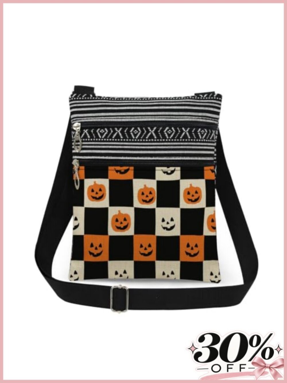 Checkerboard Crossbody Bag Pumpkin Face Print Polyester